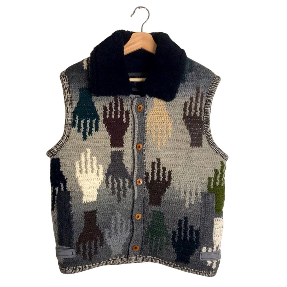 La Casa Del Telar Women's Hand Crochet Wool Vest Hand Pattern Grey Multi